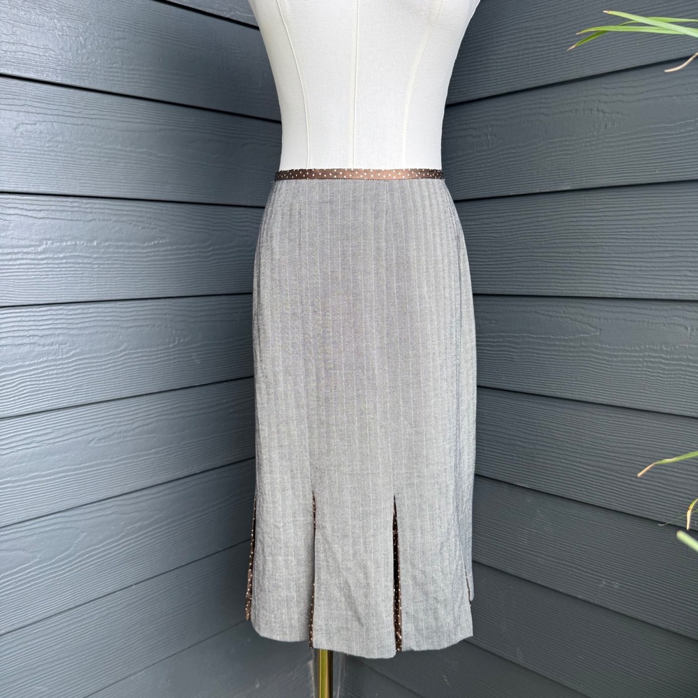 Chadwicks Herringbone Pencil Midi Skirt Brown Polka Dot Trim Size 12